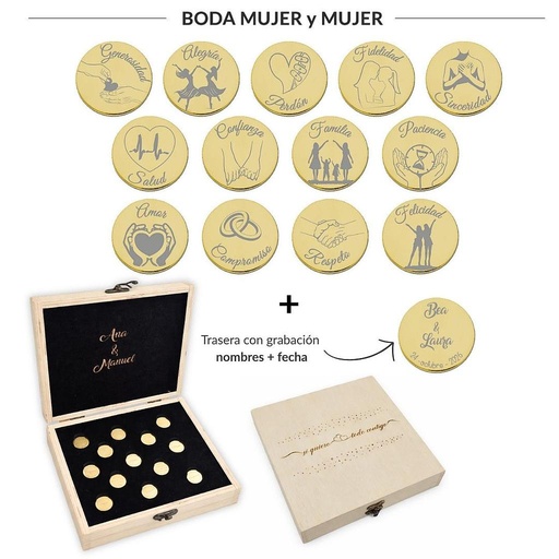 [ST6014EM] ARRAS PERSONALIZADAS BODA MUJER + MUJER · ACERO DORADO + ESTUCHE MADERA