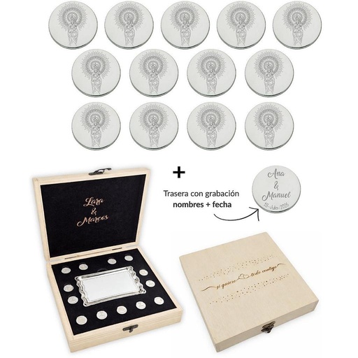 [ST6029EMB] ARRAS PERSONALIZADAS V. DEL PILAR · ACERO PLATEADO + ESTUCHE MADERA + BANDEJA