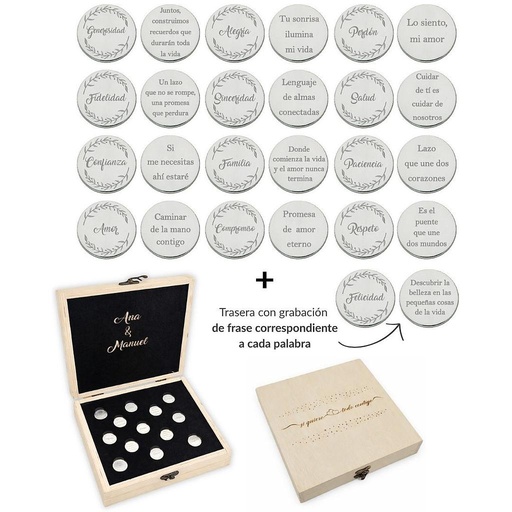 [ST6026EM] ARRAS PERSONALIZADAS PALABRA + FRASE · ACERO PLATEADO + ESTUCHE MADERA