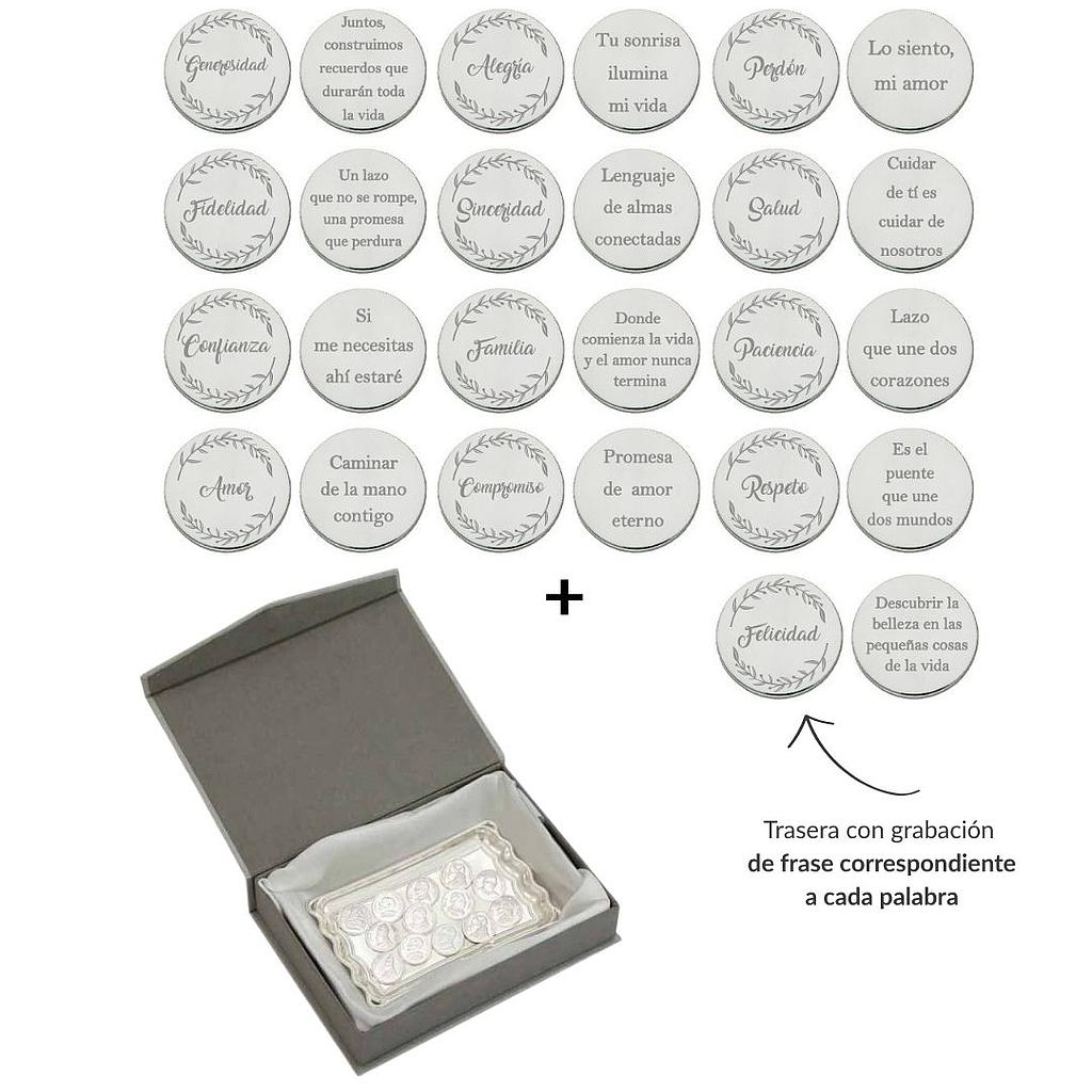 ARRAS PERSONALIZADAS PALABRA + FRASE · ACERO PLATEADO + BANDEJA + ESTUCHE