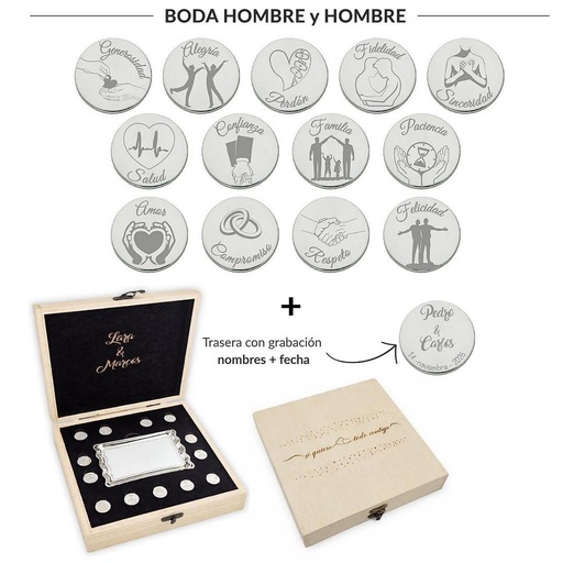 [ST6025EMB] ARRAS PERSONALIZADAS BODA HOMBRE + HOMBRE · ACERO PLATEADO + ESTUCHE MADERA + BANDEJA