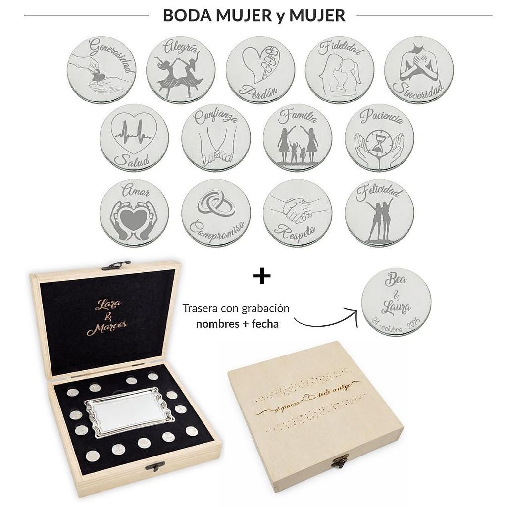 ARRAS PERSONALIZADAS BODA MUJER + MUJER · ACERO PLATEADO + ESTUCHE MADERA + BANDEJA