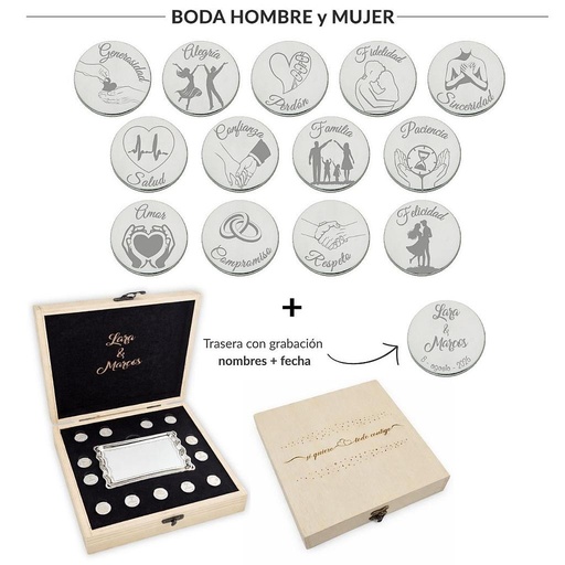[ST6023EMB] ARRAS PERSONALIZADAS BODA HOMBRE + MUJER · ACERO PLATEADO + ESTUCHE MADERA + BANDEJA