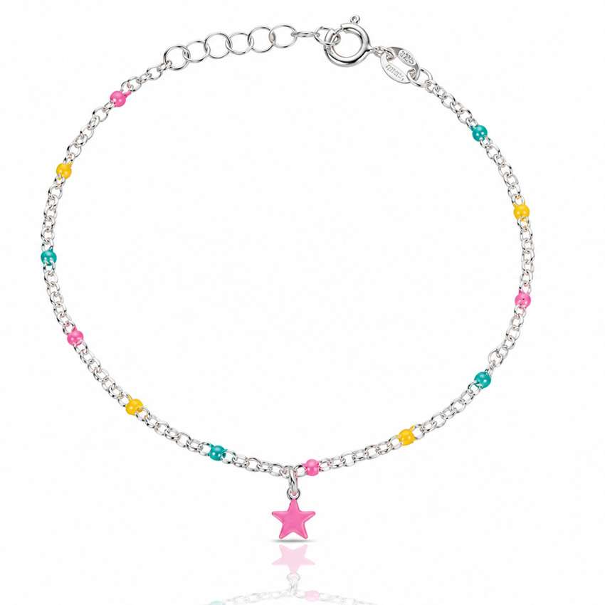 PULSERA NIÑA PLATA 925MM ESTRELLA ROSA + BOLAS ESMALTADAS